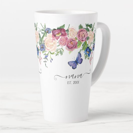 ナナおばあちゃんアナウンスウォーターカラーピンクフローラ カフェラテマグ (右アングル)