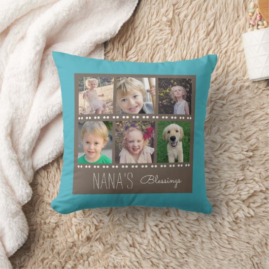 ナナの恵みの写真のコラージュのティール（緑がかった色）およびブラウン クッション (ブランケット)