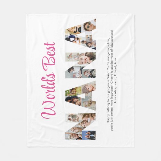 ナナフォトコラージュ切り出しおばあちゃん誕生日 フリースブランケット (正面)