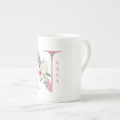 ナナフラワーレターNピンクグリッターきらめく ボーンチャイナマグカップ (正面右)