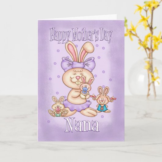 ナナマザーズデイカード – かわいいうさぎと小さな子ども カード (黄色い花)