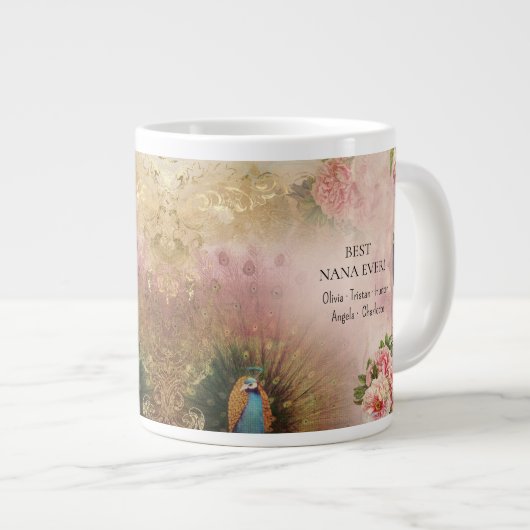 ナナ最高のピンクフローラ孔雀の子ども母の日 ジャンボコーヒーマグカップ (正面右)