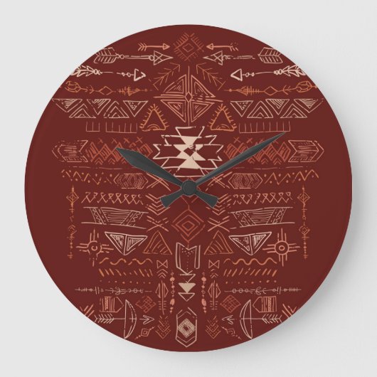 ナバホアステカ:民族的なドゥードルパターン。 ラージ壁時計 (正面)