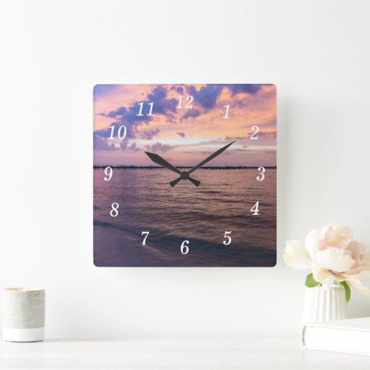 ナバラビーチ魔法時間パープルサンセットウォールクロック スクエア壁時計 (ホーム)