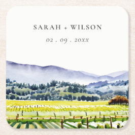 ナパバレーウォーターカラーヴィンヤードランドスケープ結婚ズ スクエアペーパーコースター