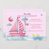 ナビゲーション ピンクの帆船 赤ちゃん女の子 シャワー招待状 招待状 (正面/裏面)