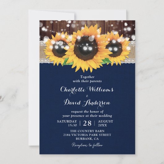 ナビーブルーのひまわりがテーマのログハウススタイルのウェディング 招待状 (正面)