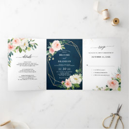 ナビ ブラッシュ プリティ ピンク フローラル ボタニカル ウェディング 三つ折り案内状