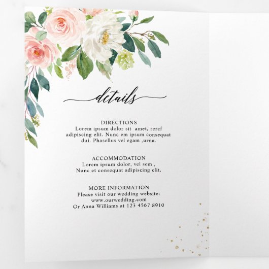 ナビ ブラッシュ プリティ ピンク フローラル ボタニカル ウェディング 三つ折り案内状 (内部最初)