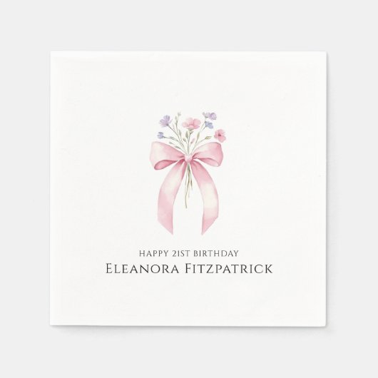 ナプキパーソナライズされたンス21thバースデーボウワイルドフラワー スタンダードカクテルナプキン (正面)
