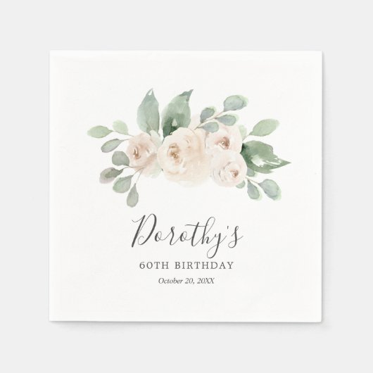 ナプキパーソナライズされたンス60誕生日ホワイトローズ スタンダードカクテルナプキン (正面)