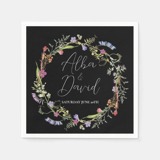 ナプキンス結婚ズ名ワイルドフラワーフローラダーク スタンダードカクテルナプキン (正面)