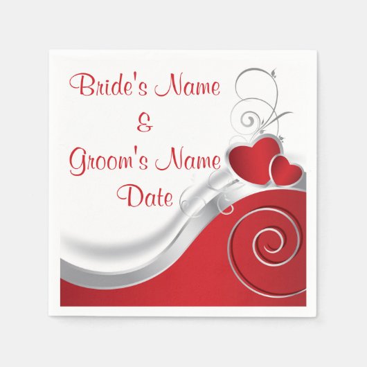 ナプキンス – 紙-赤いハートシルバーライニング スタンダードカクテルナプキン (正面)
