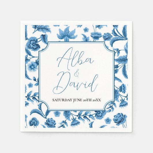 ナプキ結婚ンスの名前Chintz Blue & Whiteフローラ スタンダードカクテルナプキン (正面)