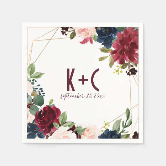 ナプキ結婚ンス | ブルゴーニュ&ネイビーフローラ幾何学模様 スタンダードカクテルナプキン (正面)