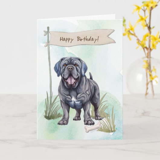 ナポリのマスティフ犬が誕生日標識の下で繁殖 カード (黄色い花)