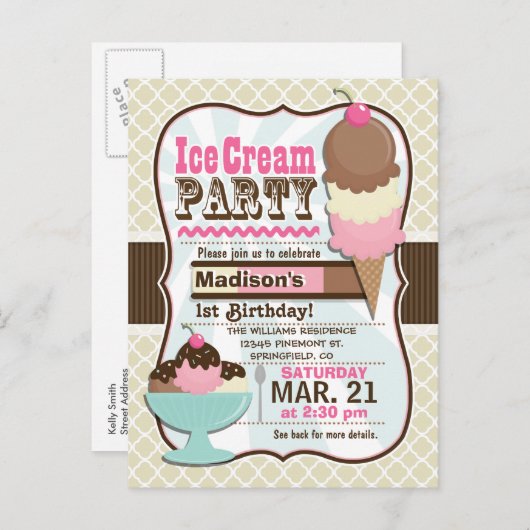 ナポリタンアイスクリームキッズバースデーパーティー インビテーションポストカード (正面/裏面)