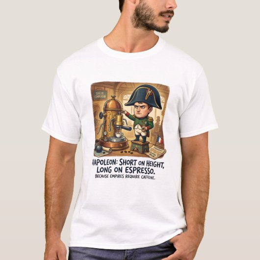 ナポレオンのコーヒー風刺画 - 身長不足に悩む偉人 Tシャツ (正面)