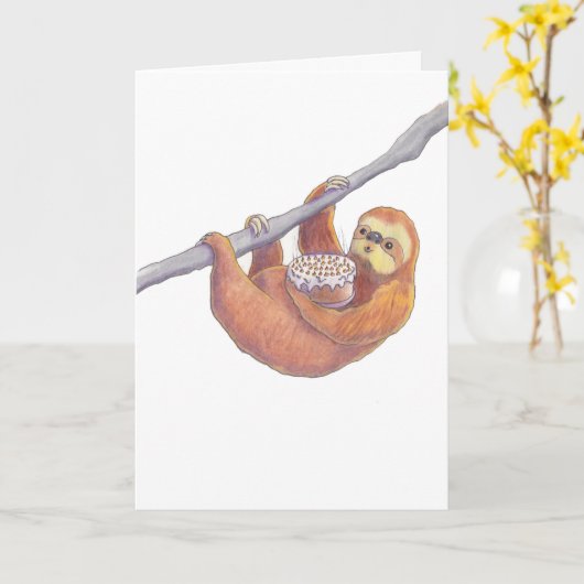 ナマケモノがお誕生日ケーキとロ吹ウソクを持って カード (黄色い花)