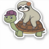 ナマケモノがカメに乗る クラシックTシャツ シール (正面)