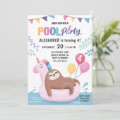 ナマケモノとユニコーンの夏のプールパーティー誕生日 招待状 (スタンド正面)