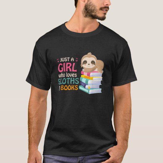 ナマケモノと本が好きな女の子 ナマケモノTシャツ Tシャツ (正面)