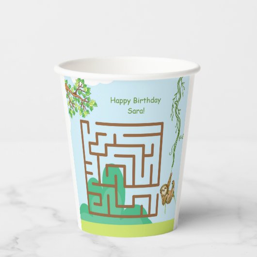ナマケモノと葉の迷路パズルの誕生日ペーパカップ 紙コップ (正面)
