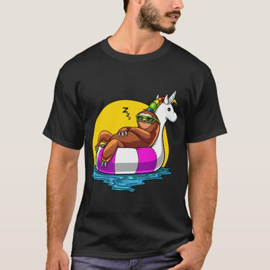 ナマケモノに乗ったユニコーンの浮き輪 プールパーティー Tシャツ (正面)