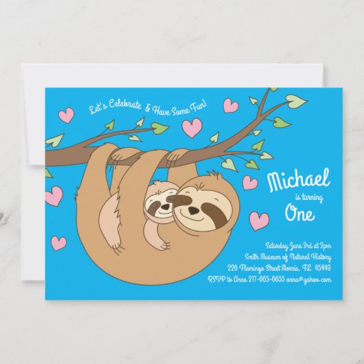 ナマケモノのかわいい子どもたち1歳の誕生日パーティー 招待状 (正面)