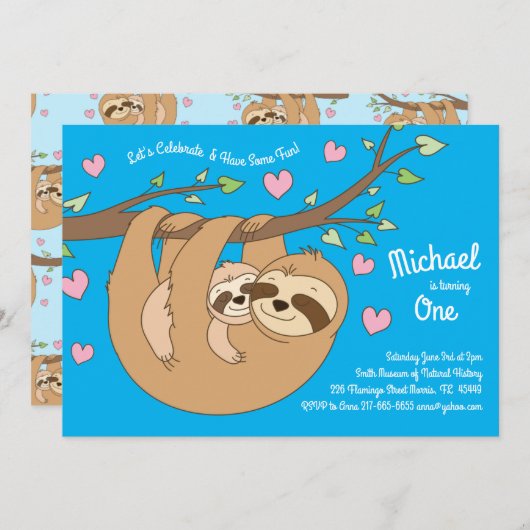 ナマケモノのかわいい子どもたち1歳の誕生日パーティー 招待状 (正面/裏面)