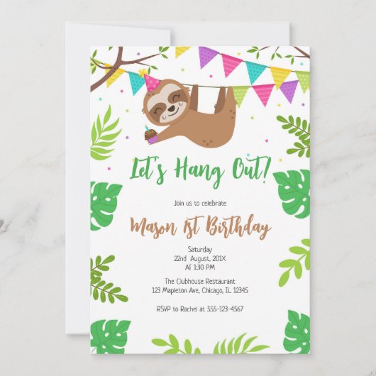 ナマケモノのキッズ誕生日パーティーの招待状 Let's Hang Out 招待状 (正面)