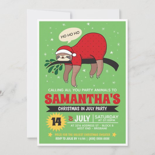 ナマケモノのクリスマス・イン・ジュライ・パーティー招待状 招待状 (正面)