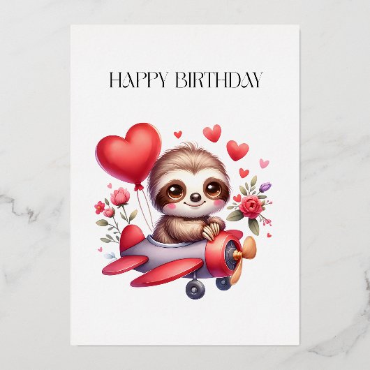 ナマケモノのパイロット 誕生日 箔招待状 (正面)