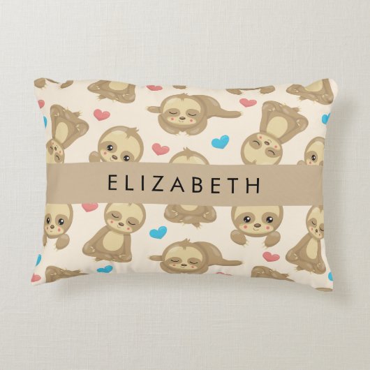 ナマケモノのパターン，かわいいナマケモノ，ハート，あなたの名前 アクセントクッション (裏面)