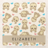 ナマケモノのパターン,かわいいナマケモノ,ハート,あなたの名前 ガラスコースター (正面)