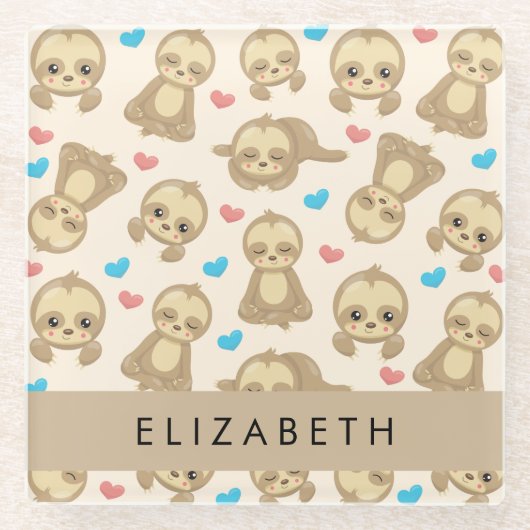 ナマケモノのパターン，かわいいナマケモノ，ハート，あなたの名前 ガラスコースター (正面)