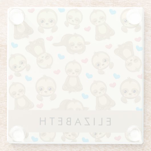 ナマケモノのパターン,かわいいナマケモノ,ハート,あなたの名前 ガラスコースター (裏面)