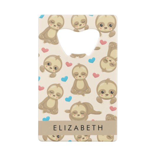 ナマケモノのパターン，かわいいナマケモノ，ハート，あなたの名前 クレジットカード栓抜き (裏面)