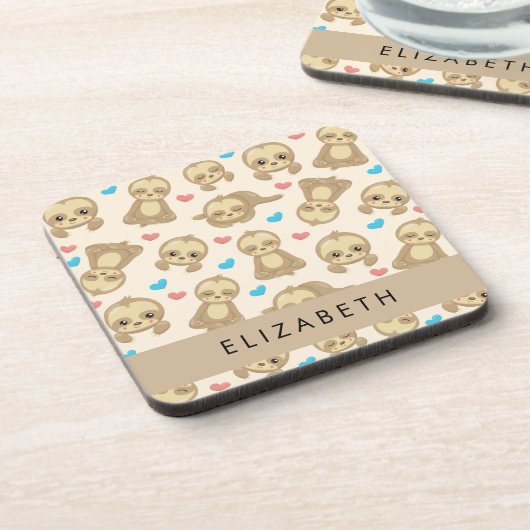 ナマケモノのパターン,かわいいナマケモノ,ハート,あなたの名前 コースター (左側)