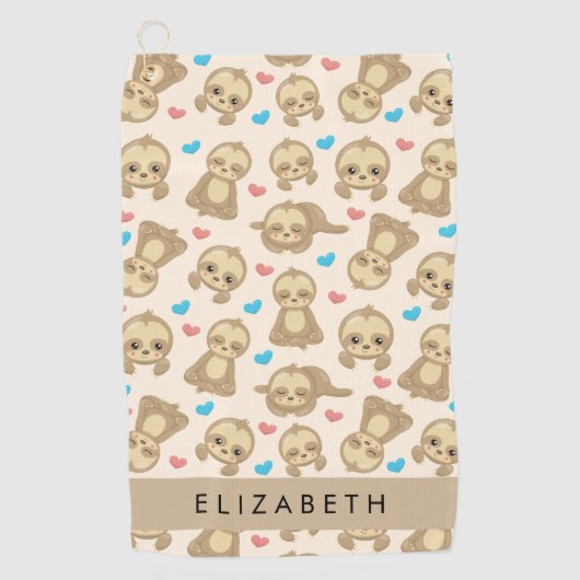 ナマケモノのパターン,かわいいナマケモノ,ハート,あなたの名前 ゴルフタオル (正面)