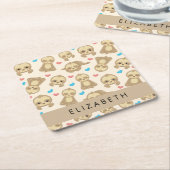 ナマケモノのパターン，かわいいナマケモノ，ハート，あなたの名前 スクエアペーパーコースター (アングル)