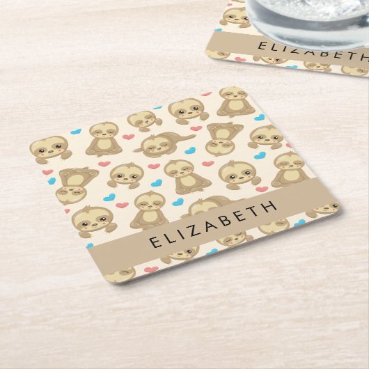ナマケモノのパターン,かわいいナマケモノ,ハート,あなたの名前 スクエアペーパーコースター (アングル)