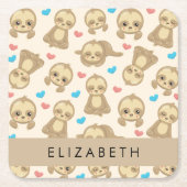 ナマケモノのパターン，かわいいナマケモノ，ハート，あなたの名前 スクエアペーパーコースター (正面)