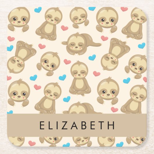 ナマケモノのパターン，かわいいナマケモノ，ハート，あなたの名前 スクエアペーパーコースター (正面)