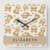 ナマケモノのパターン,かわいいナマケモノ,ハート,あなたの名前 スクエア壁時計 (正面)