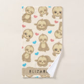 ナマケモノのパターン,かわいいナマケモノ,ハート,あなたの名前 バスタオルセット (ハンドタオル)