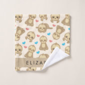 ナマケモノのパターン,かわいいナマケモノ,ハート,あなたの名前 バスタオルセット (ウォッシュタオル)