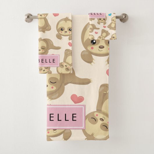 ナマケモノのパターン,かわいいナマケモノ,ハート,あなたの名前 バスタオルセット (インサイチュ)