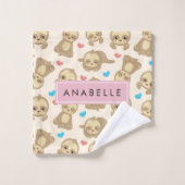 ナマケモノのパターン,かわいいナマケモノ,ハート,あなたの名前 バスタオルセット (ウォッシュタオル)