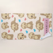 ナマケモノのパターン，かわいいナマケモノ，ハート，あなたの名前 ビーチタオル (正面)